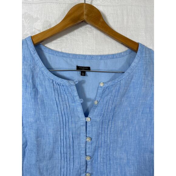 Talbots Dress 14 PETITE Blue Linen Pleated Buttons Stripe Detail Lined - Picture 6 of 10